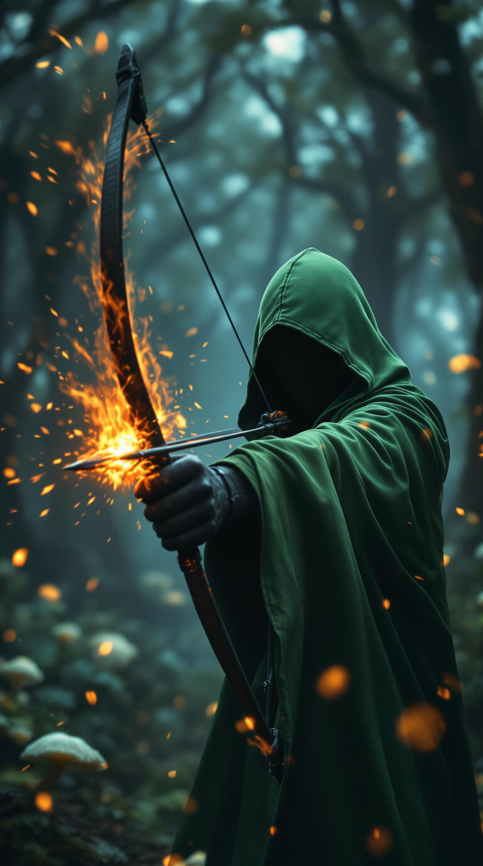 AI generated: "Create a cinematic, hyper-realistic image of a faceless hooded figure wearing a green hooded robe, ...