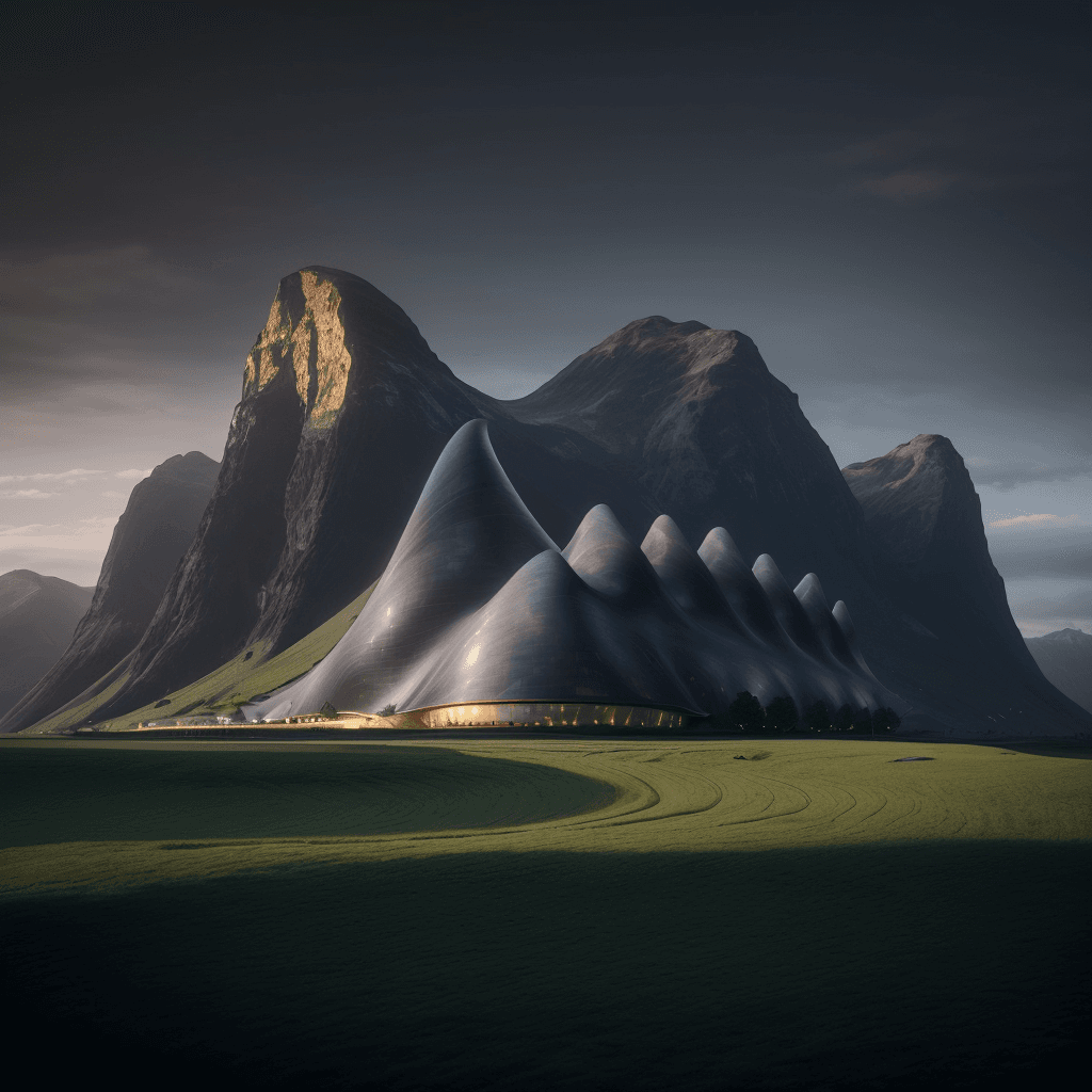 AI generated: a building in front of a mountain side, in the style of organic minimalism, dark, foreboding landsca...