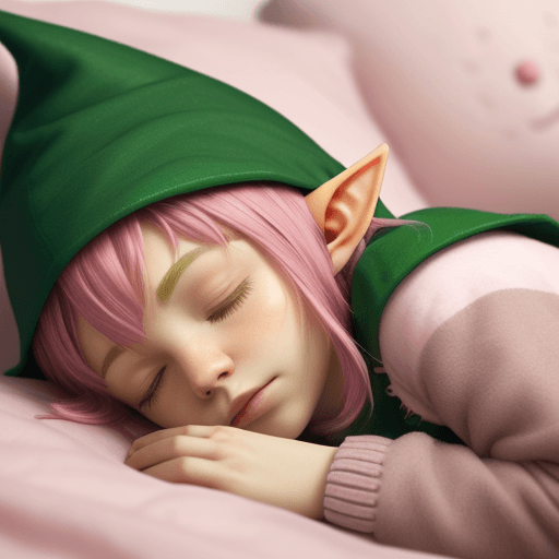 AI generated: a little green elf with dark pink hair sleeping peacefully