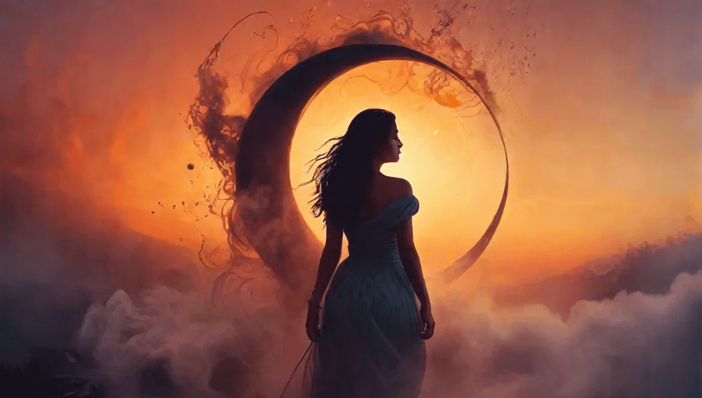 AI generated: Depict a stunning, smoke-formed The inner soul  of a woman emerging from a sunset mist, with swirlin...