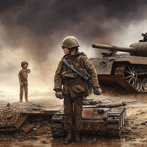 AI generated: view portrait of an world war. A child stands in front of a military tank in the destroyed city afte...