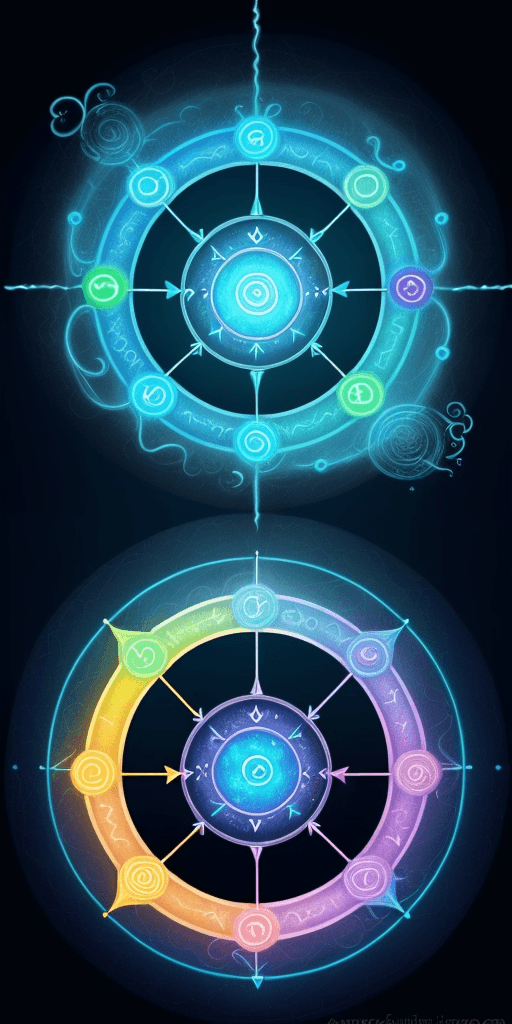 AI generated: Create a magical circle containing magic elements and also symbol of water and electricity mixed up ...