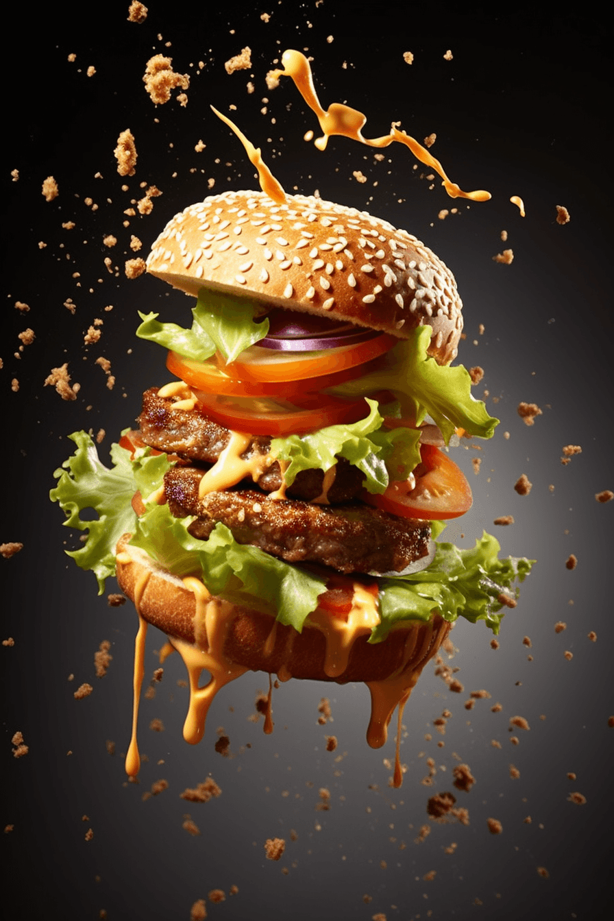 AI generated: Flying food photography with [Two Burgers] as the main subject, Splashes of Toppings and Seasonings,...