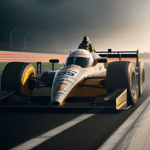 AI generated: Photo of a man standing in front of race car on race track, dramatic light, pale sunrise, cinematic ...