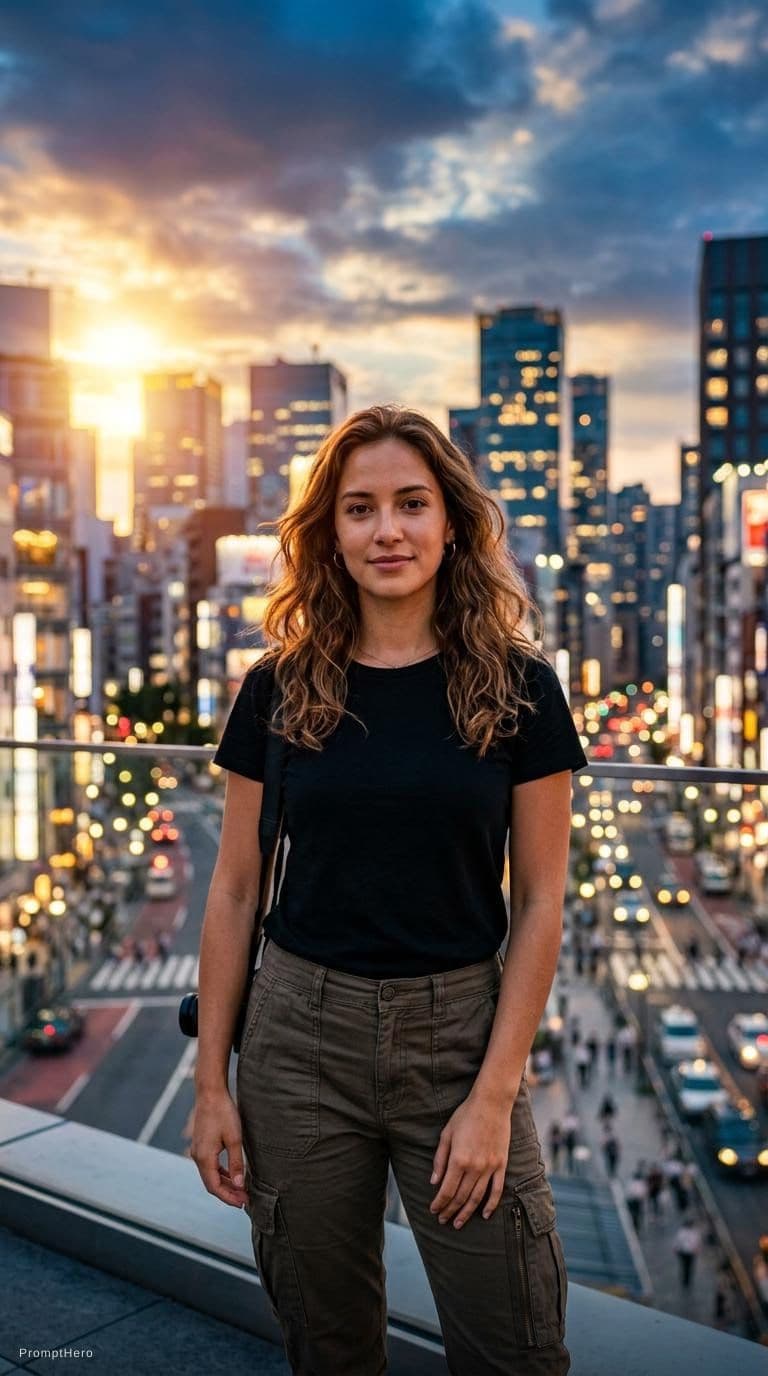 AI generated: photography, front view, dynamic range, female model, upper-body, black T-shirt, dark khaki cargo pa...