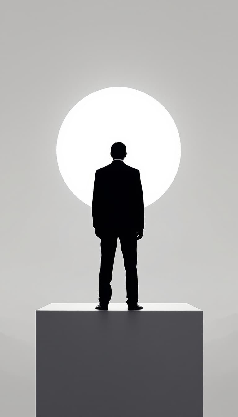 AI generated: A lone figure dressed in a black suit stands at the edge of a towering, minimalist platform, gazing ...