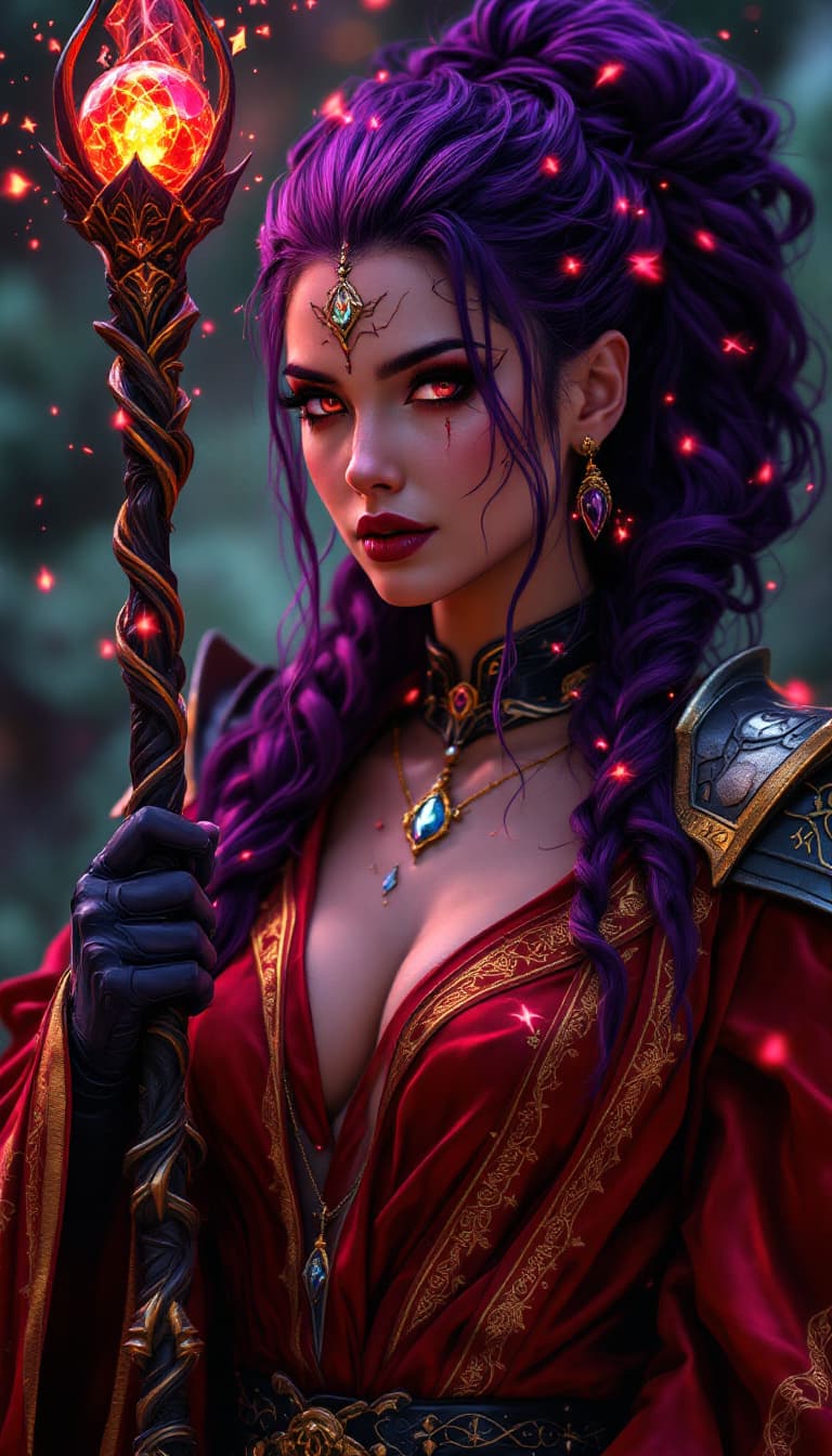 AI generated: An ultra-realistic, full-body action shot of a mesmerizing crimson sorceress woman, exuding power an...