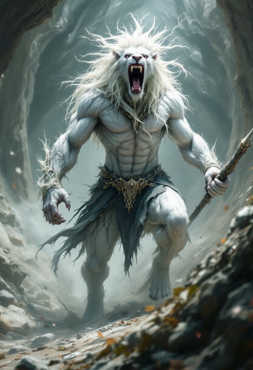 AI generated: Full body, albino lion with white skin all over, human body, strong bodybuilder, muscular, strong, w...