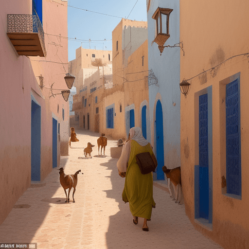 AI generated: a town in the Maghreb, on a hill by the sea, the hues are tawny and twilight, a dirt street leads to...