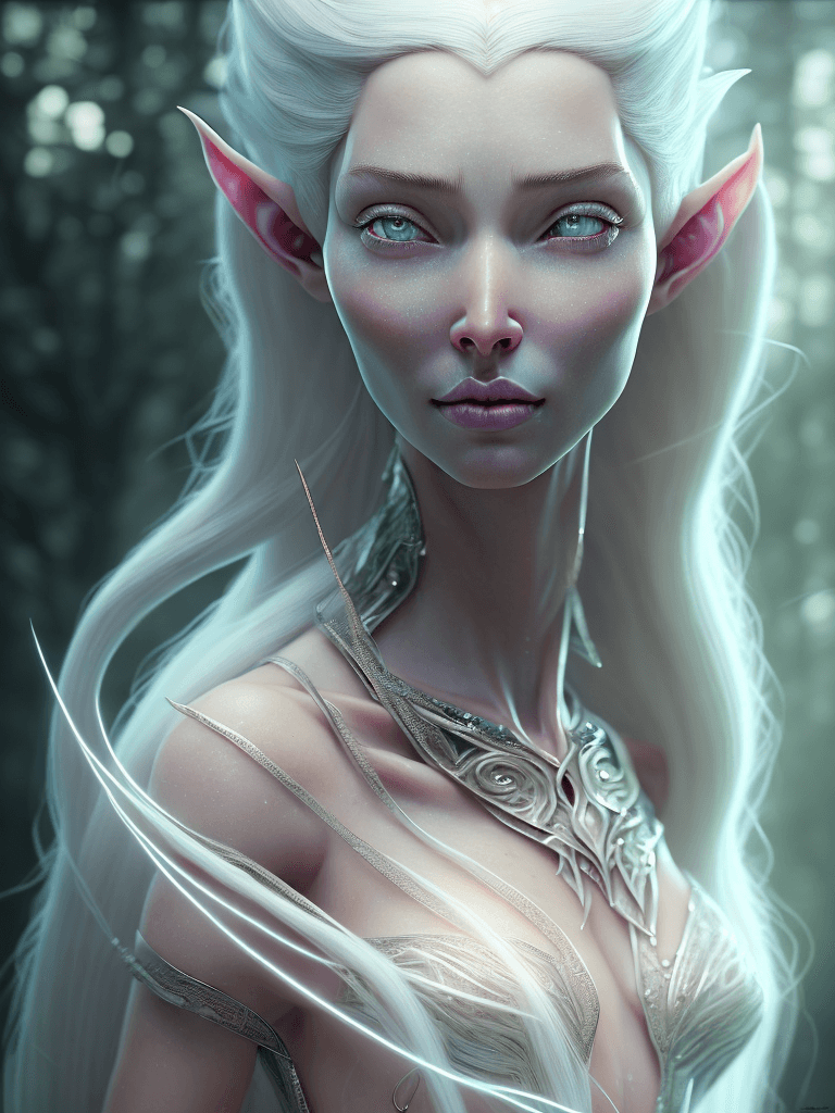 AI generated: hyper realistic photograph, portrait of morfydd clark galadriel with BROWN eyes and WHITE hair, futu...