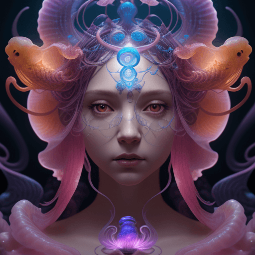 AI generated: Goddess close-up portrait ribcagel. jellyfish phoenix head, nautilus, orchid, skull, betta fish, bio...