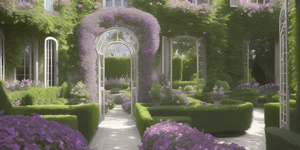 AI generated: an art nouveau Le Jardin Parisian garden in a Versaille like setting with purple and fuscia flowers ...