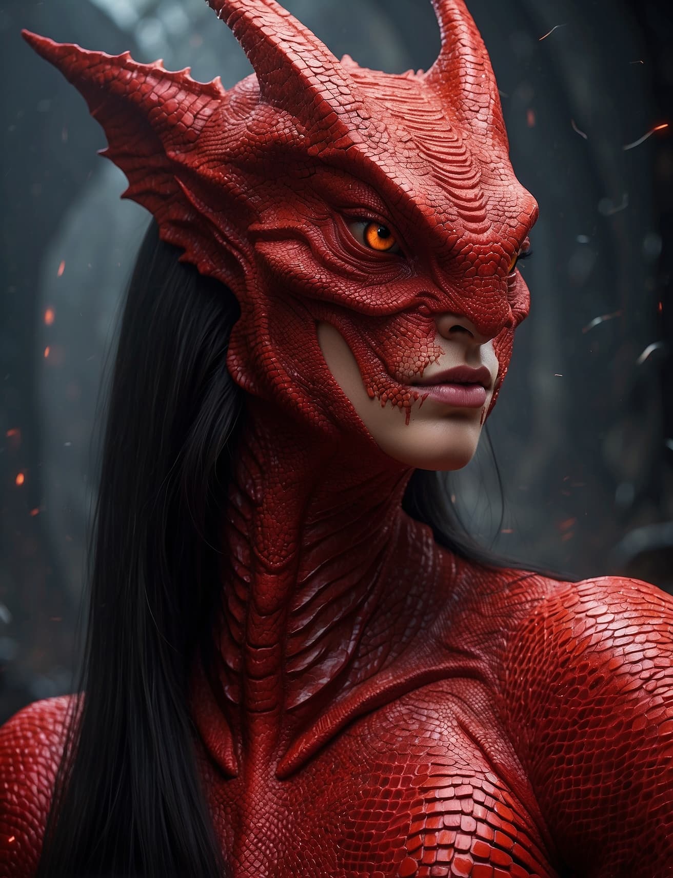 AI generated: A captivating alien female draconian shapeshifter is depicted in this vibrant and detailed digital d...