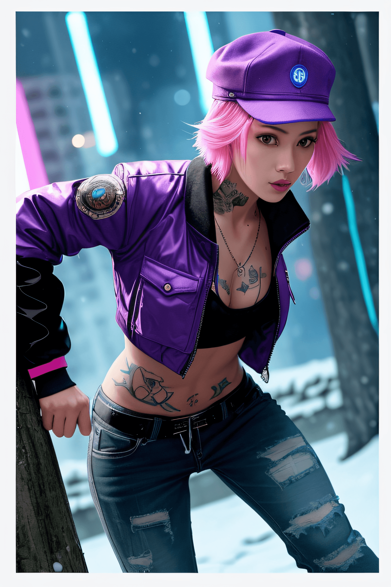 AI generated: photograph, intricate background, overhead angle of a Young, very thin, fighter, tattooed, very beau...