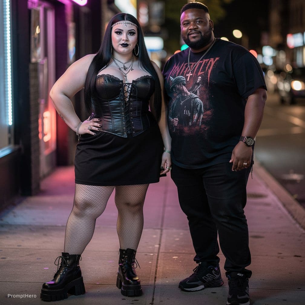 AI generated: Realistic Goth girl with huge breasts and thighs next to a fat black man