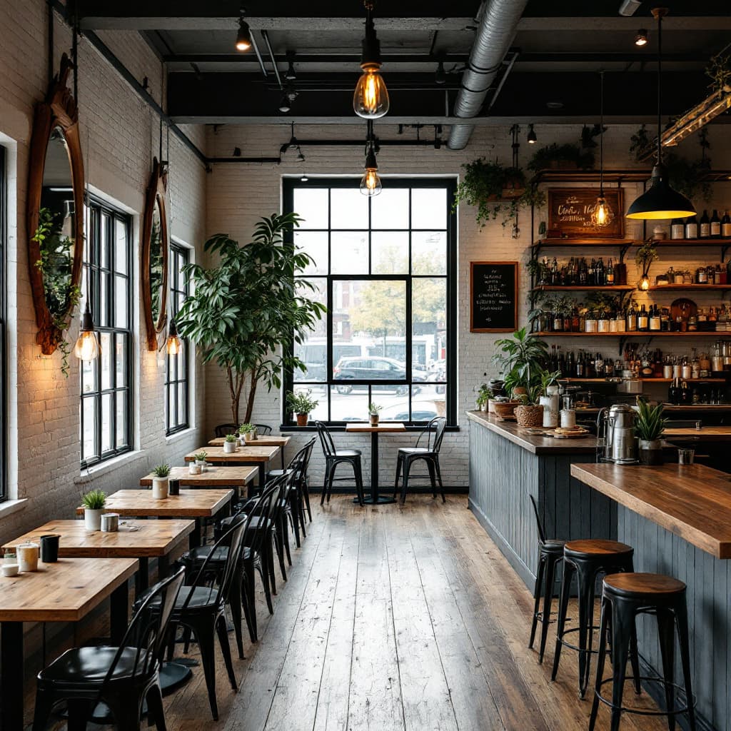 AI generated: The inside image of a small one floor restaurant in New York that serves comfort food. Use wooden ta...
