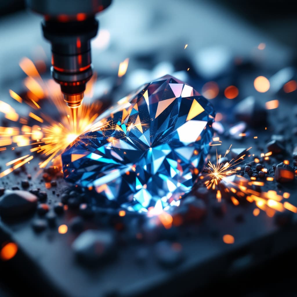 AI generated: macro 3D of gemstone being cut by laser, sparks and facets in mid-process --v 7 --style high detail ...