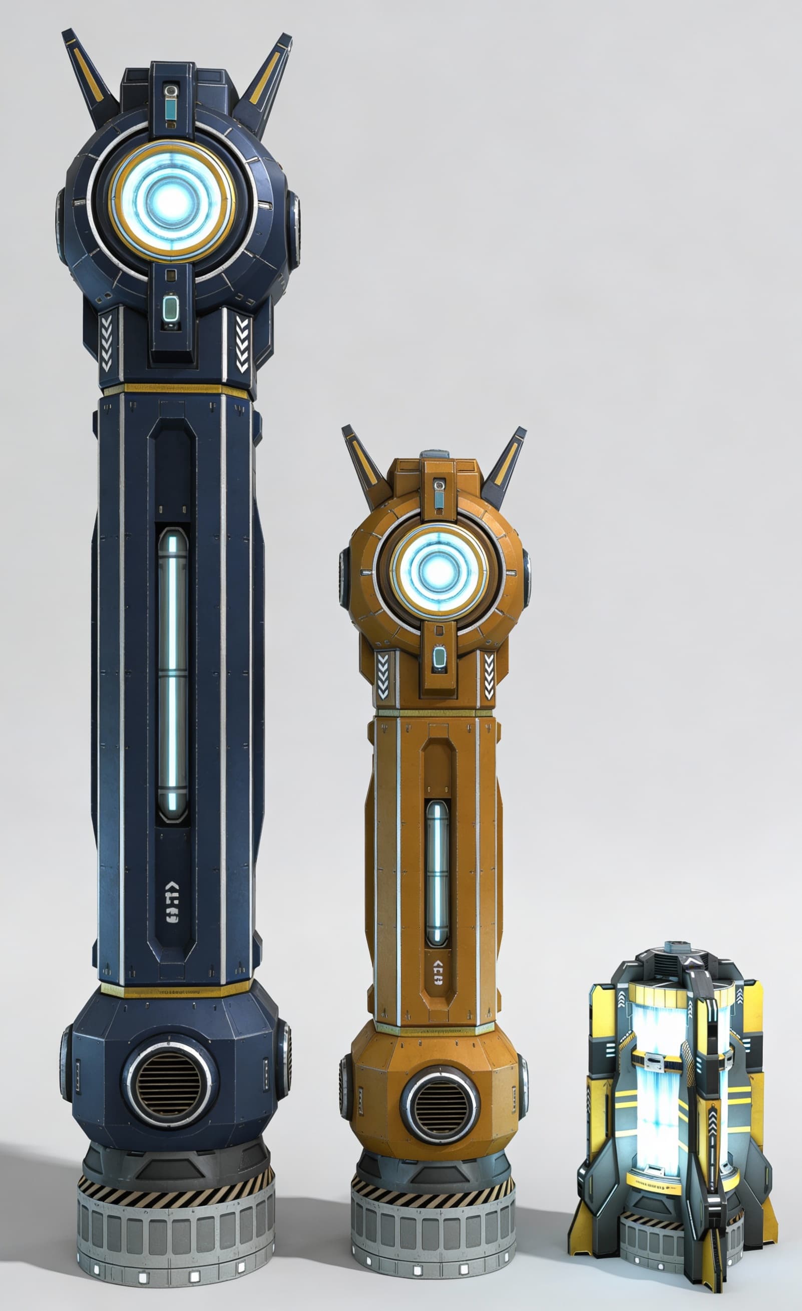 AI generated: Use Reference Images to imagine, in detail, a Spacecraft Anti-Grav Drive. Show three devices side-by...