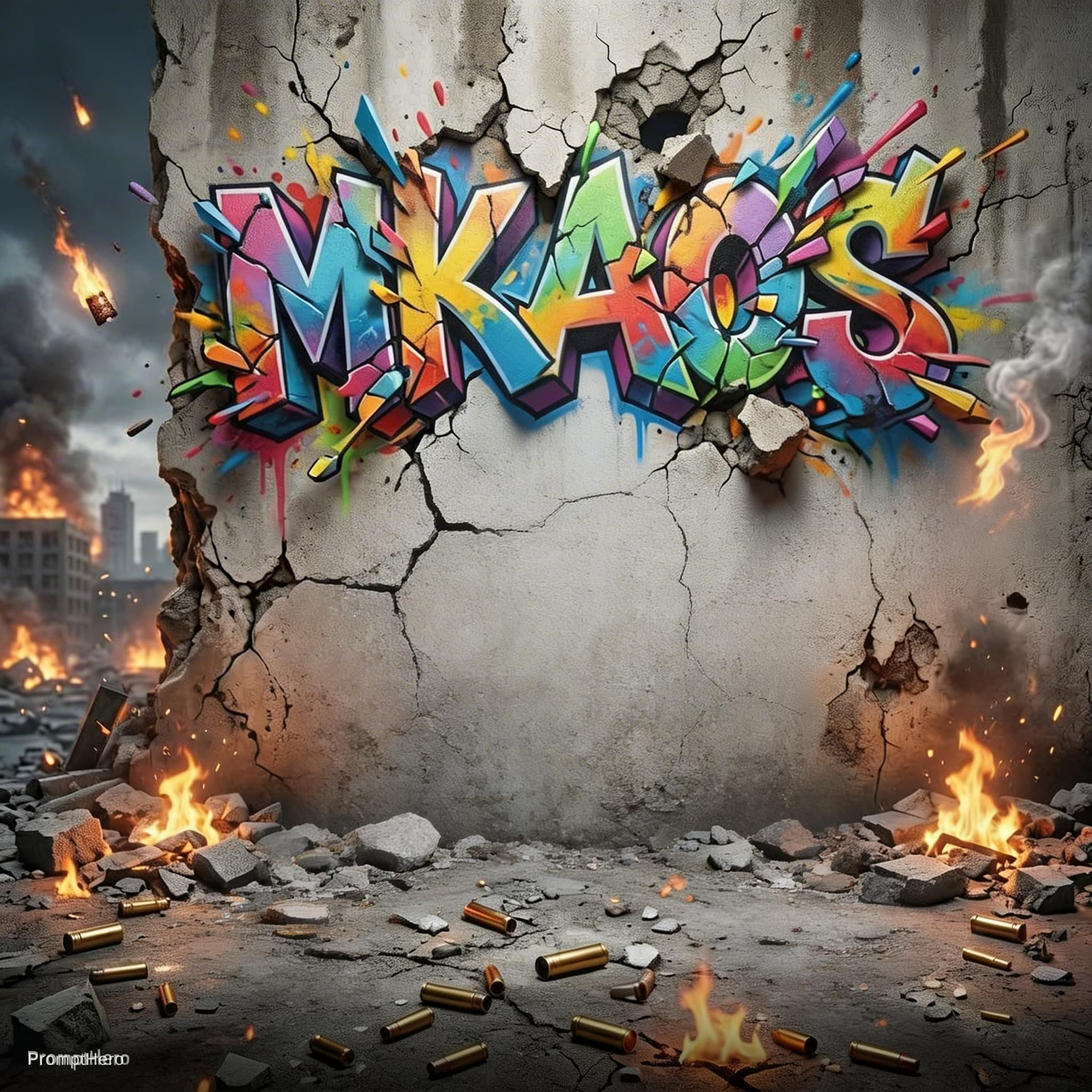 AI generated: REMOVE THE MAN and just show the wall in colorful 3d graffiti the words "MKAOS" are exploding letter...