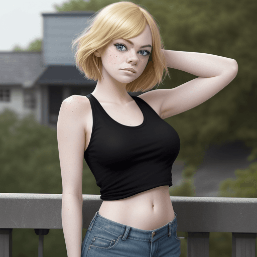 AI generated: emma stone ,  (((blonde hair))),  natural make up , (((black tank top, denim short))), standing outs...