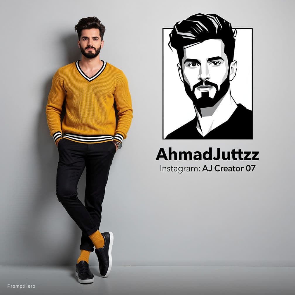 AI generated: Ultra-realistic 8K full-body portrait of a stylish young man leaning casually against a clean light-...