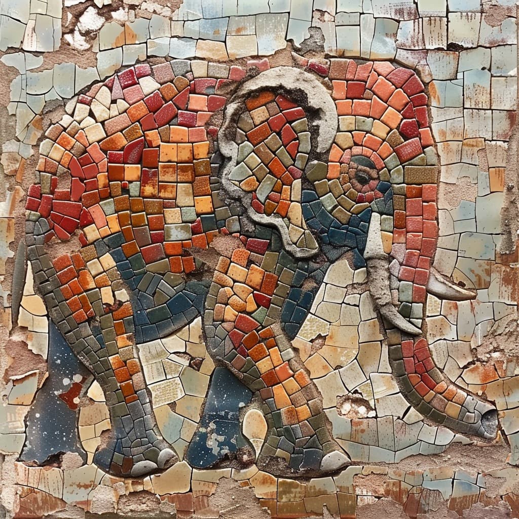 AI generated: elephant in clay mosaic style on old wall