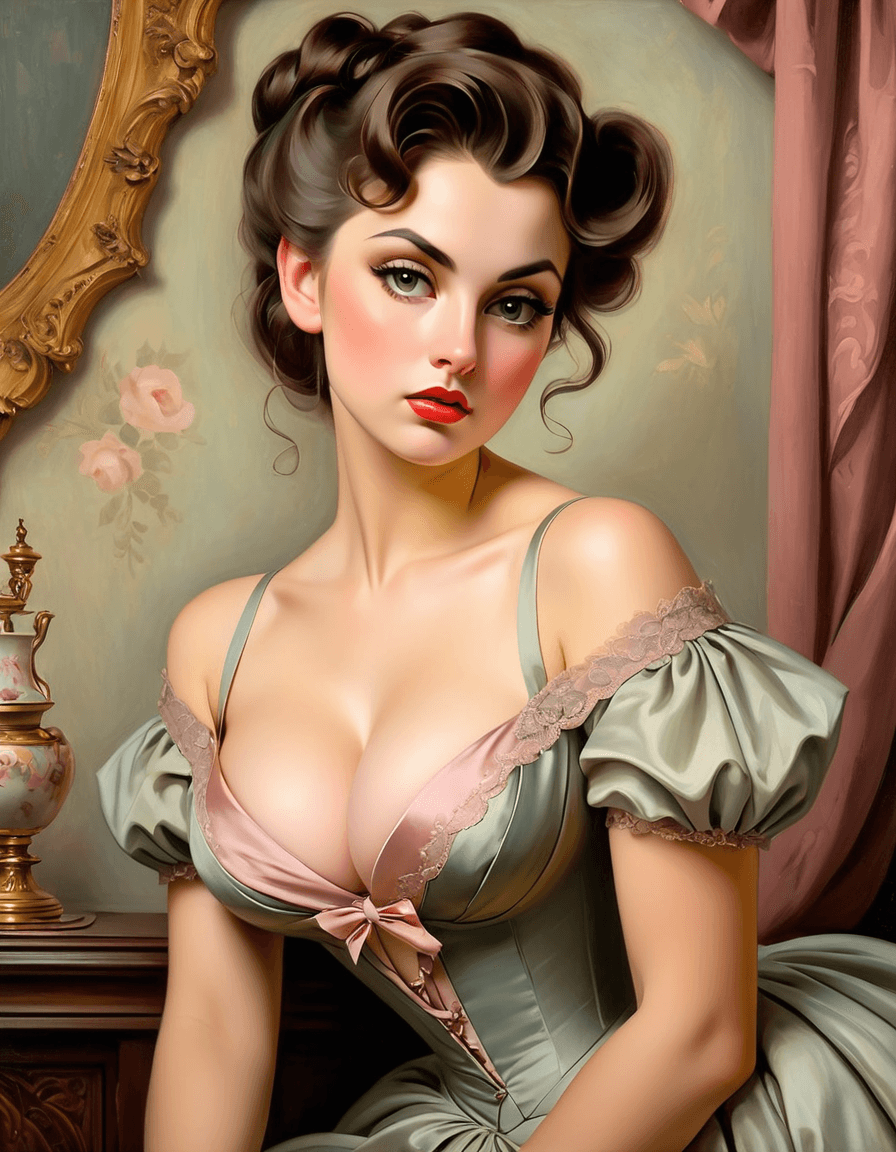 AI generated: NSFW, oil painting, Victorian era, a woman wearing low cut dress, muted colors, erotic art, pinup, p...