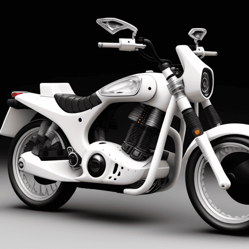 AI generated: Lucid pearl white motorbike, roots, wooden parts, carbonfiber wicker bones, stealth robocop, translu...