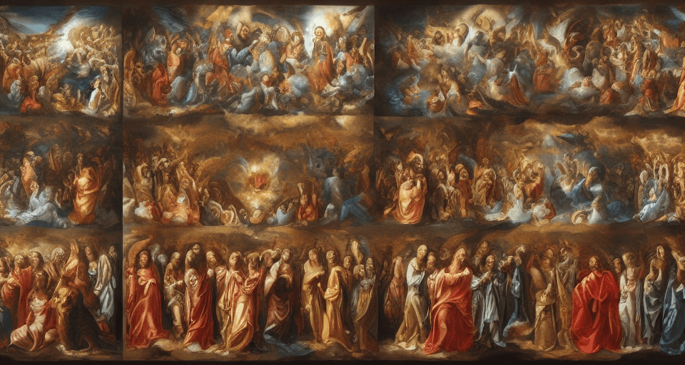 AI generated: heaven and hell, one angel is leading other angels, middle side of this picture, saints worshipping ...