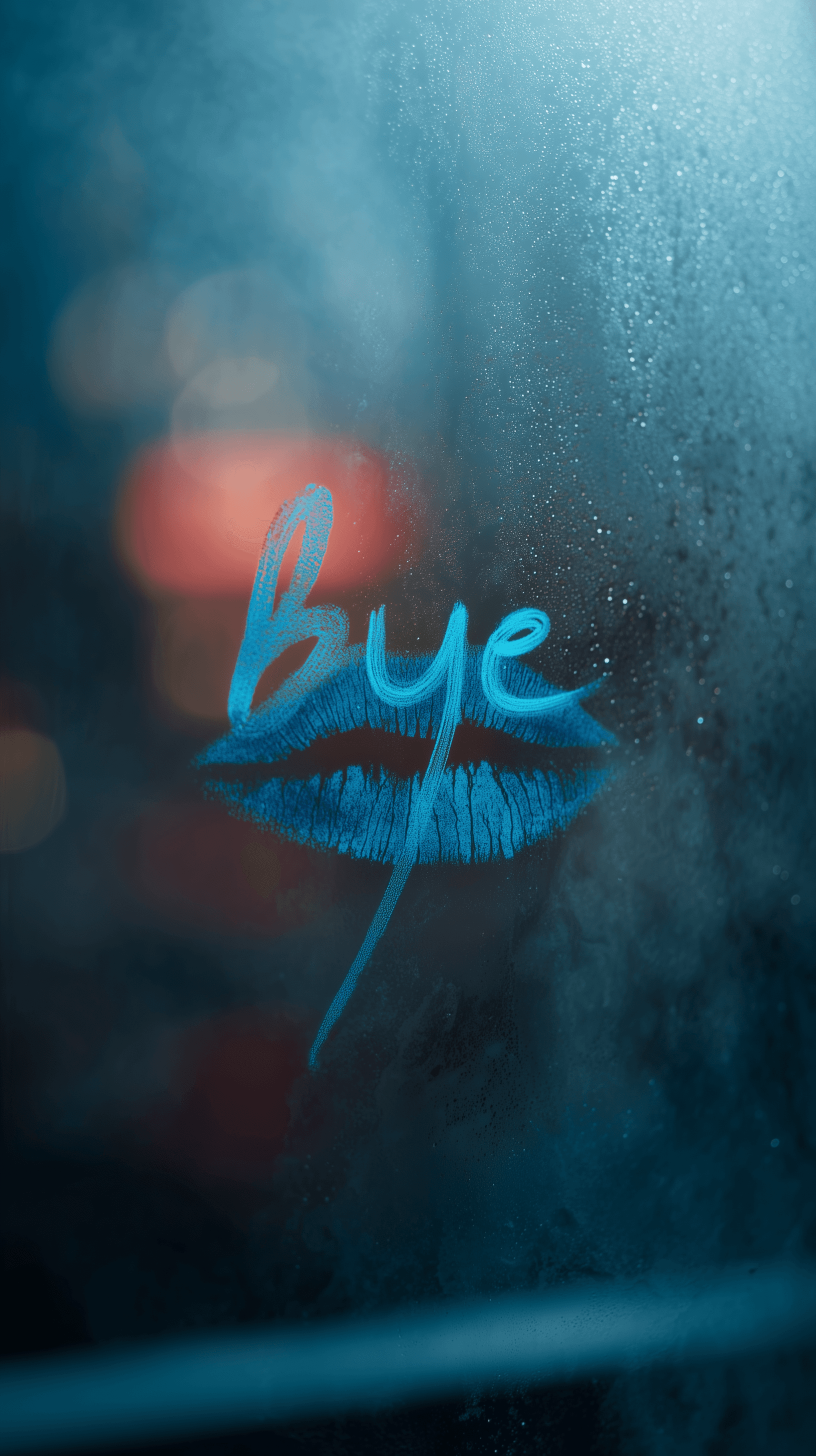 AI generated: photography, close-up candid shot, foggy window with blue color lip stick-drawn letter "bye", dramat...