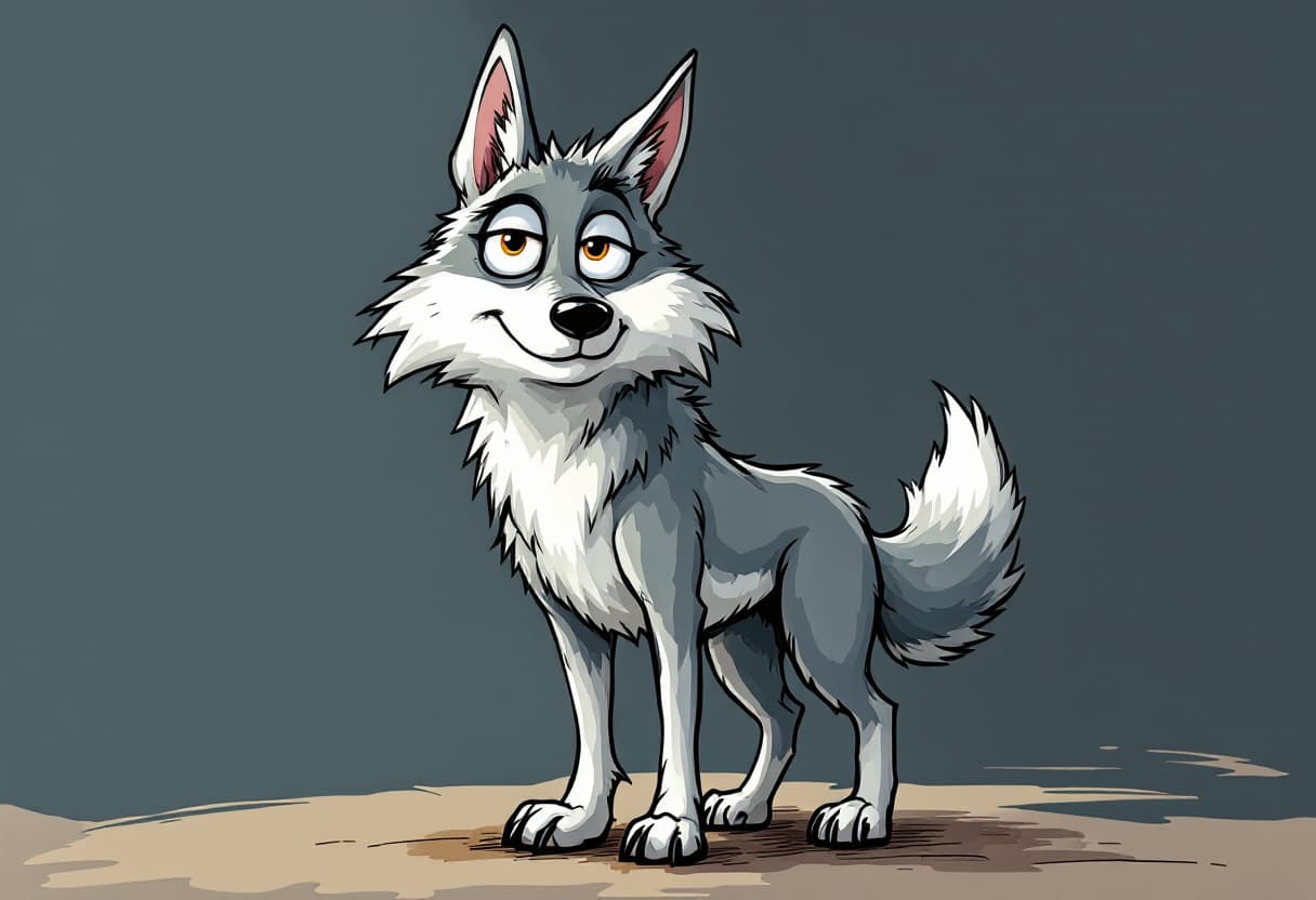 AI generated: FUNNY WOLF STANDS ON TWO LEGS, BULGING EYES, DRAWN CARTOON STYLE,