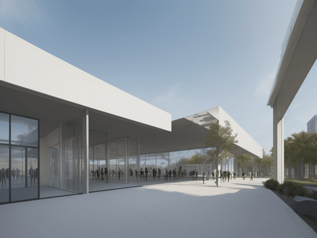 AI generated: Exterior facade with a modern style, of a single-story art gallery or pavilion, positioned on a 60-m...