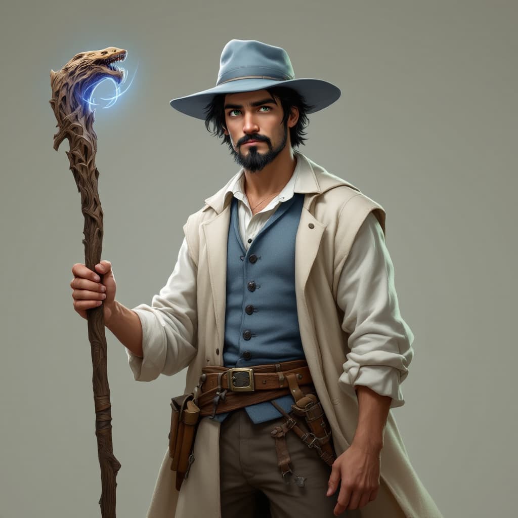 AI generated: A lean man in his mid-20's. He has Black hair, green eyes and a goatee. He is wearing a white shirt,...