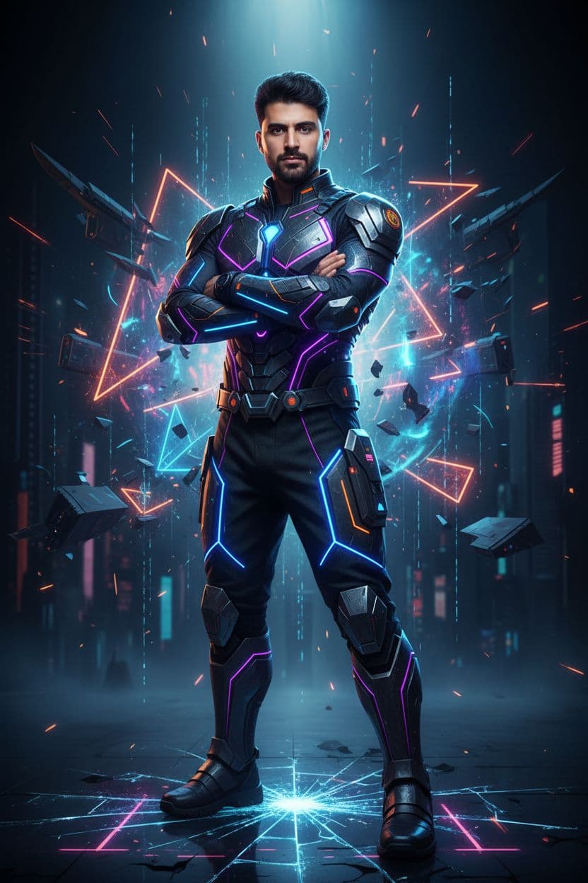 AI generated: a man who with Power to change reality, neon lights on costume, neon glowing, ultra realistic, 8k, h...