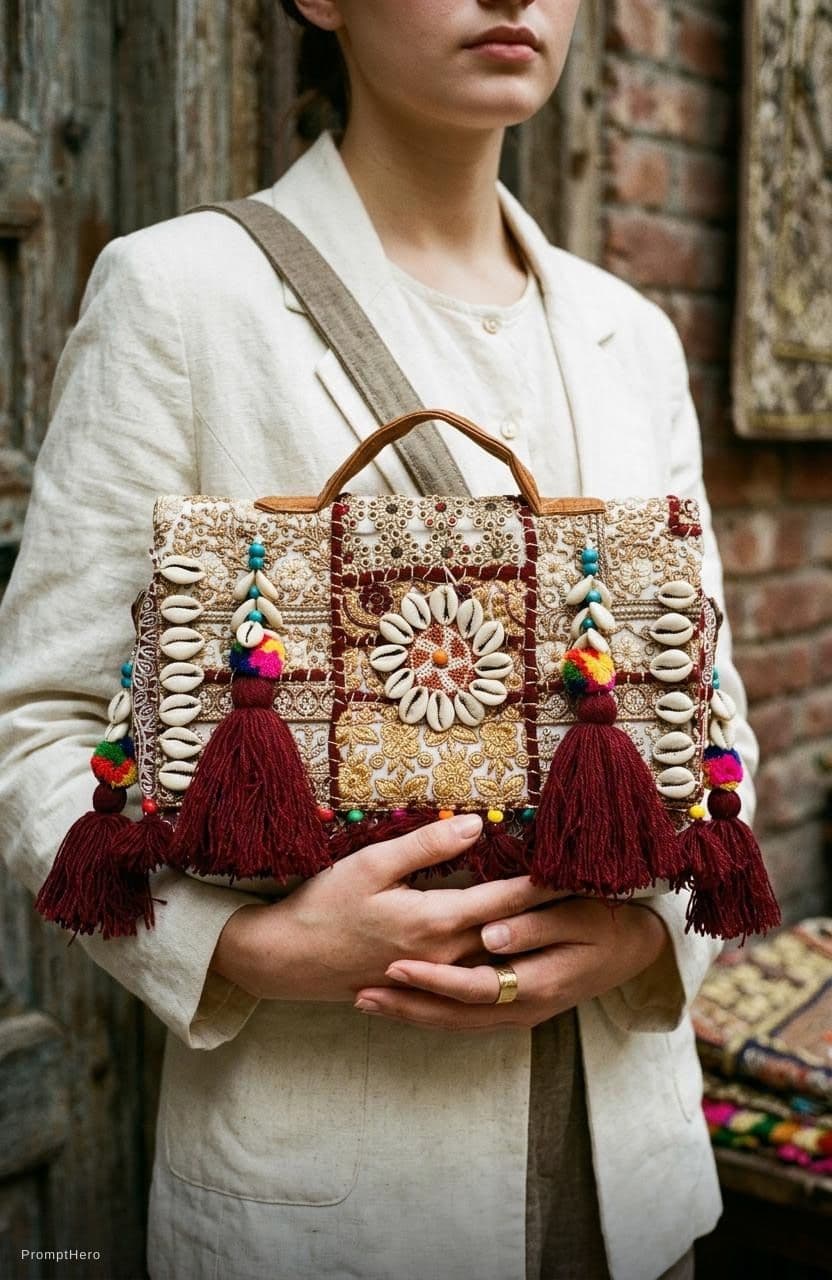 AI generated: a young woman in a white jacket can be seen holding a white leather purse, in the style of dark oran...