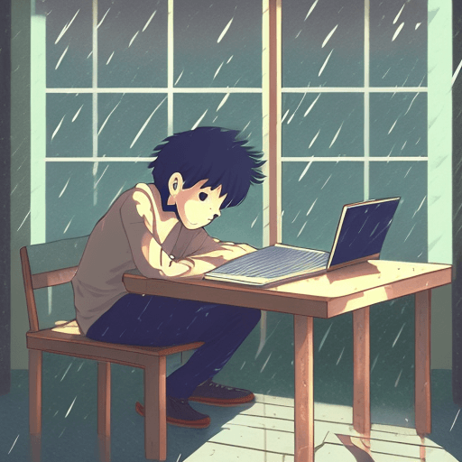 AI generated: a boy studying on a rainy afternoon in front of the window at a table with his laptop in his room, a...