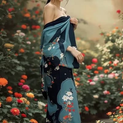 AI generated video: woman drops her kimono to the ground while continuing to walk barefoot