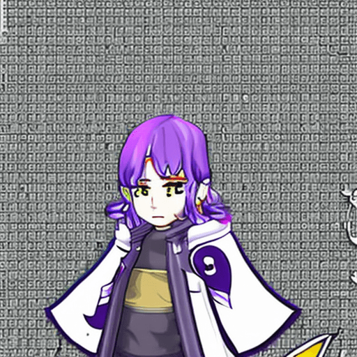 AI generated: a purple-haired traveller, alchemist boy, short hair, wearing many small accessories, long oversized...