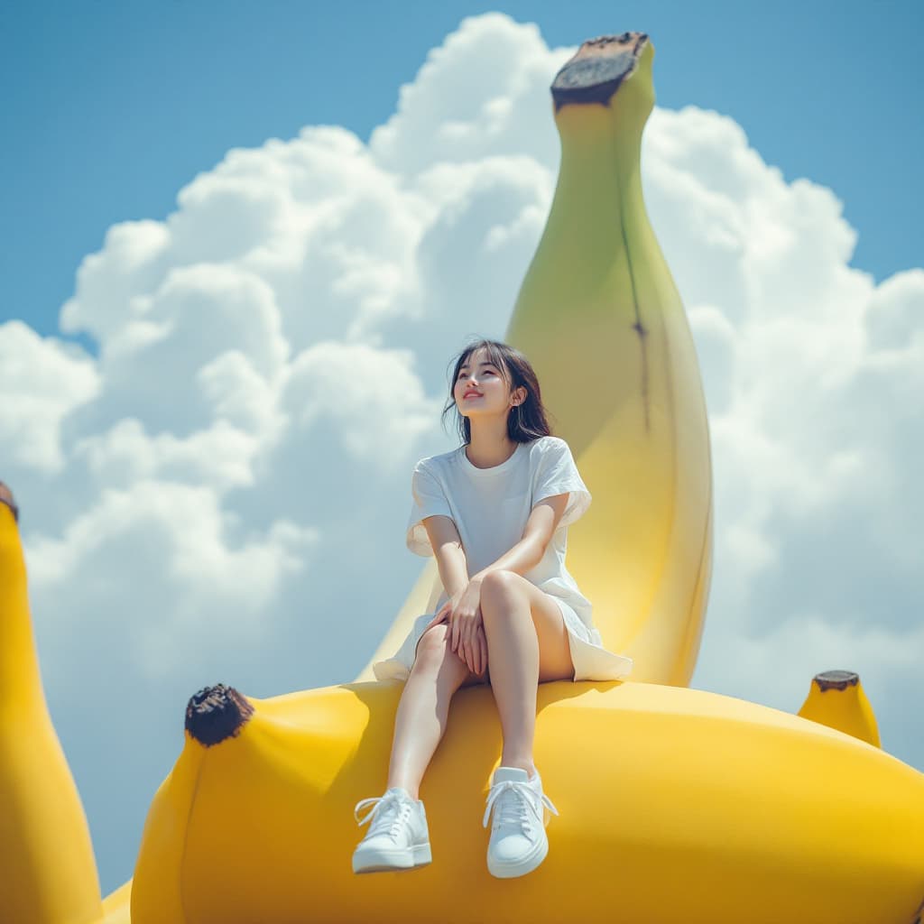 AI generated: A photo of hong kong girl sitting on top of the world's largest banana, wearing white sneakers and a...