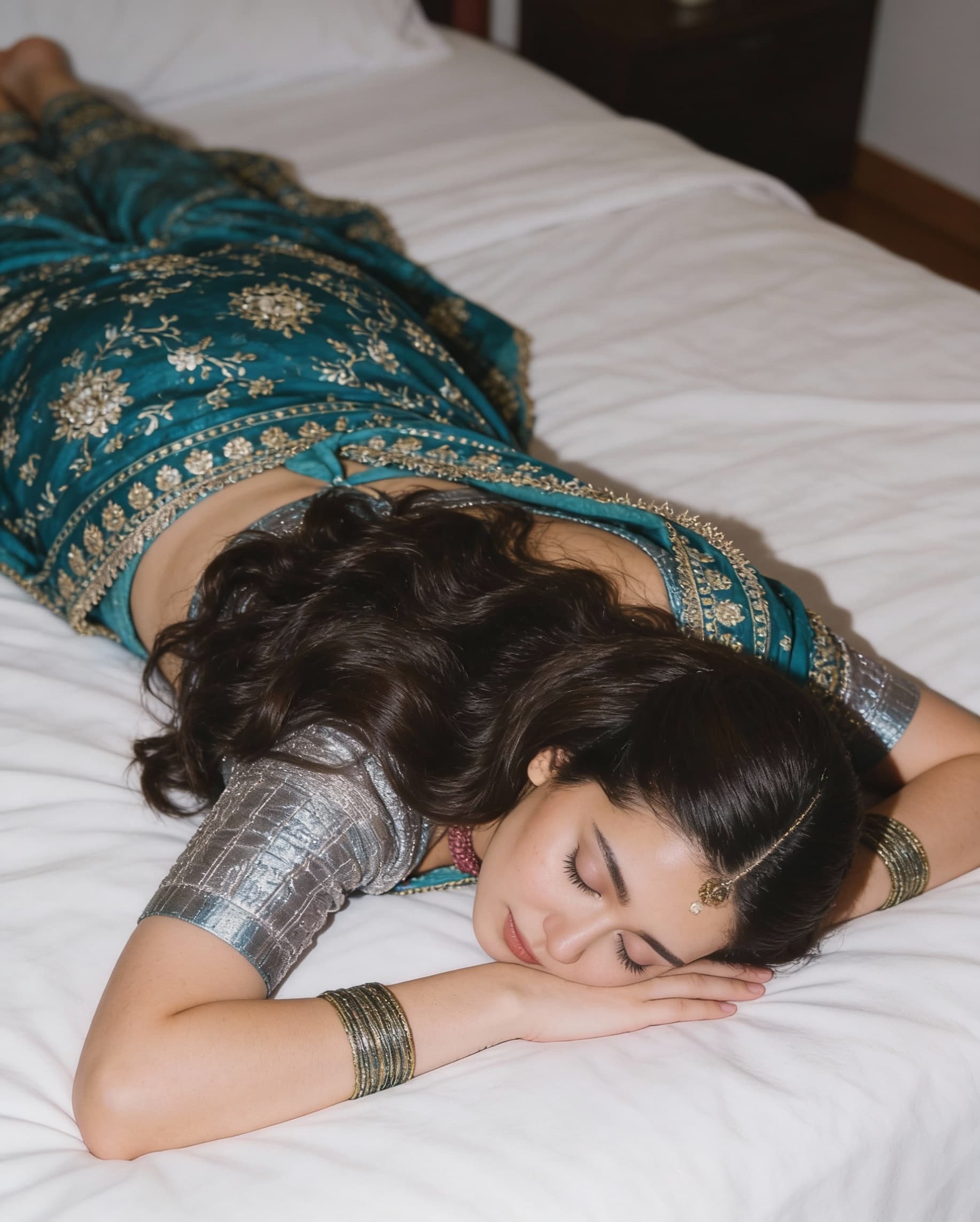 AI generated: This girl is sleeping lying face down on bed 
