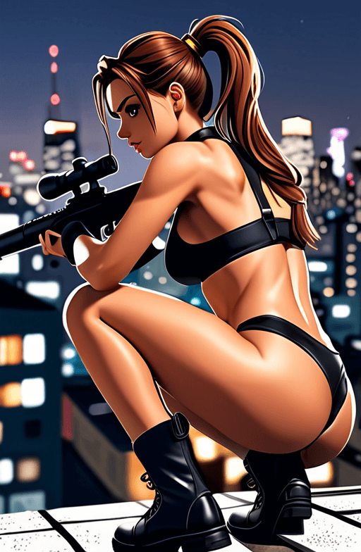 AI generated: A beautiful young woman with brown hair in a ponytail, wearing a black bikini top and bottom, and ta...