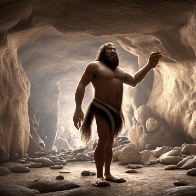 AI generated:  an old prehistoric caveman standing in a prehistoric cave, talking, side view, 8k