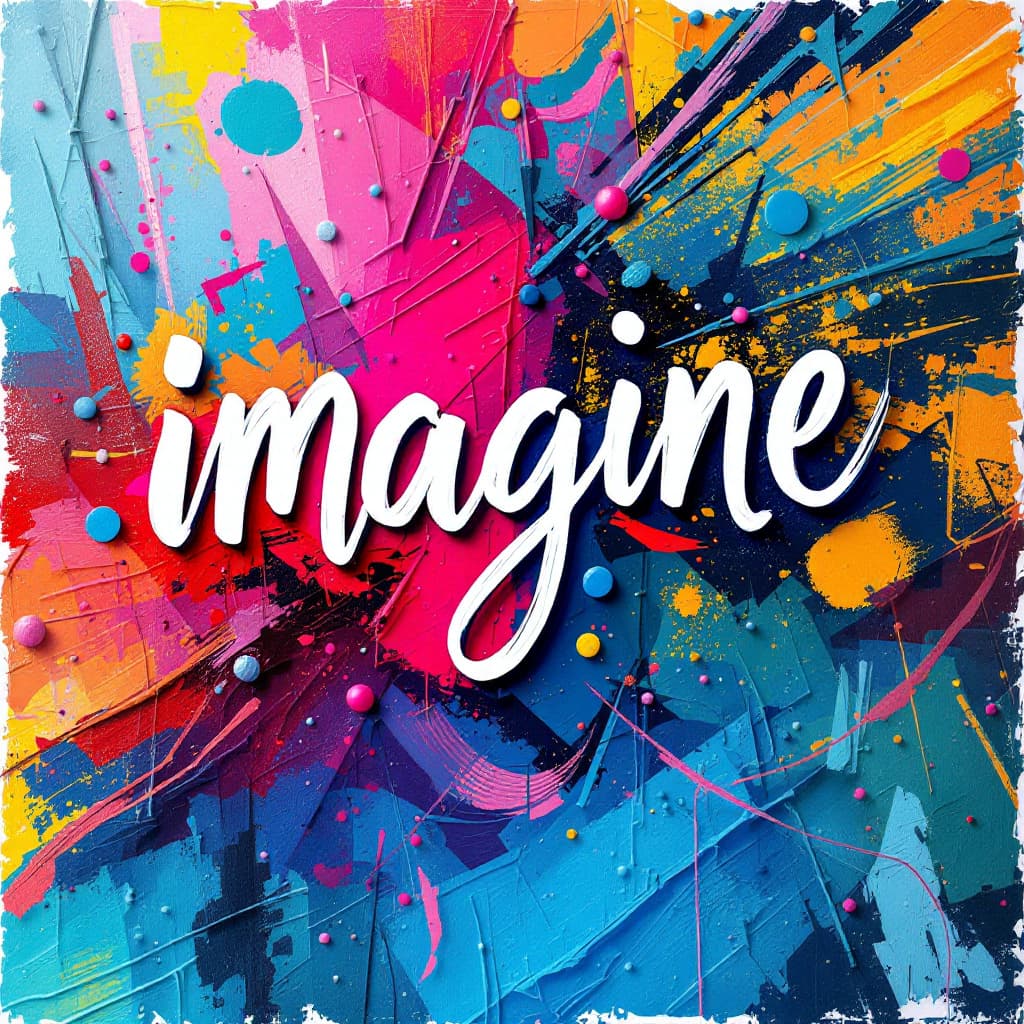 AI generated: lettering "imagine", white color paint, canvas texture, geometric vibrant colorful background --ar 9...