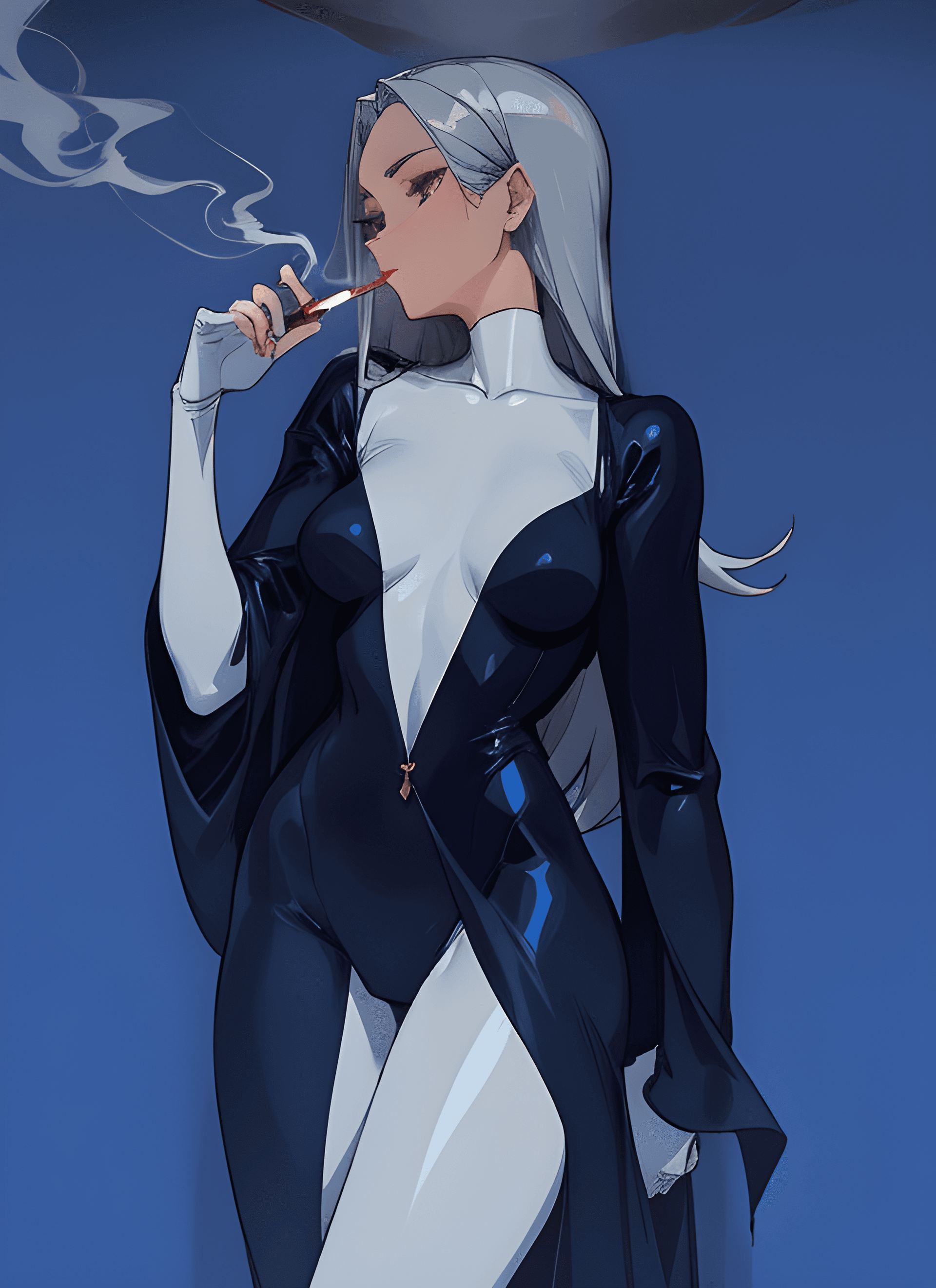 AI generated: a woman in a black dress holding a cigarette, inspired by INO, tumblr, blue and silver, fullbodysuit...
