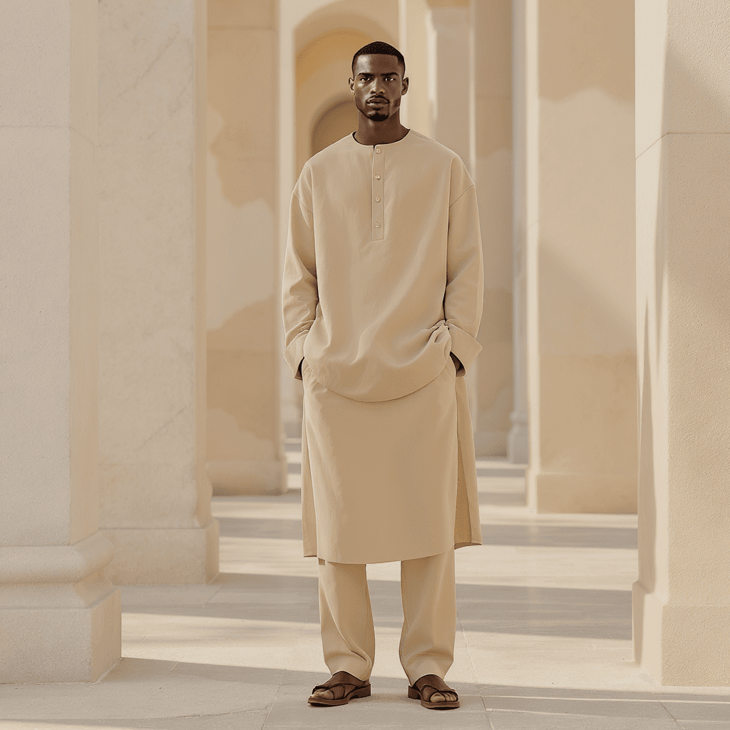 AI generated: A modern unisex fashion editorial featuring a sand beige structured tunic and matching straight pant...