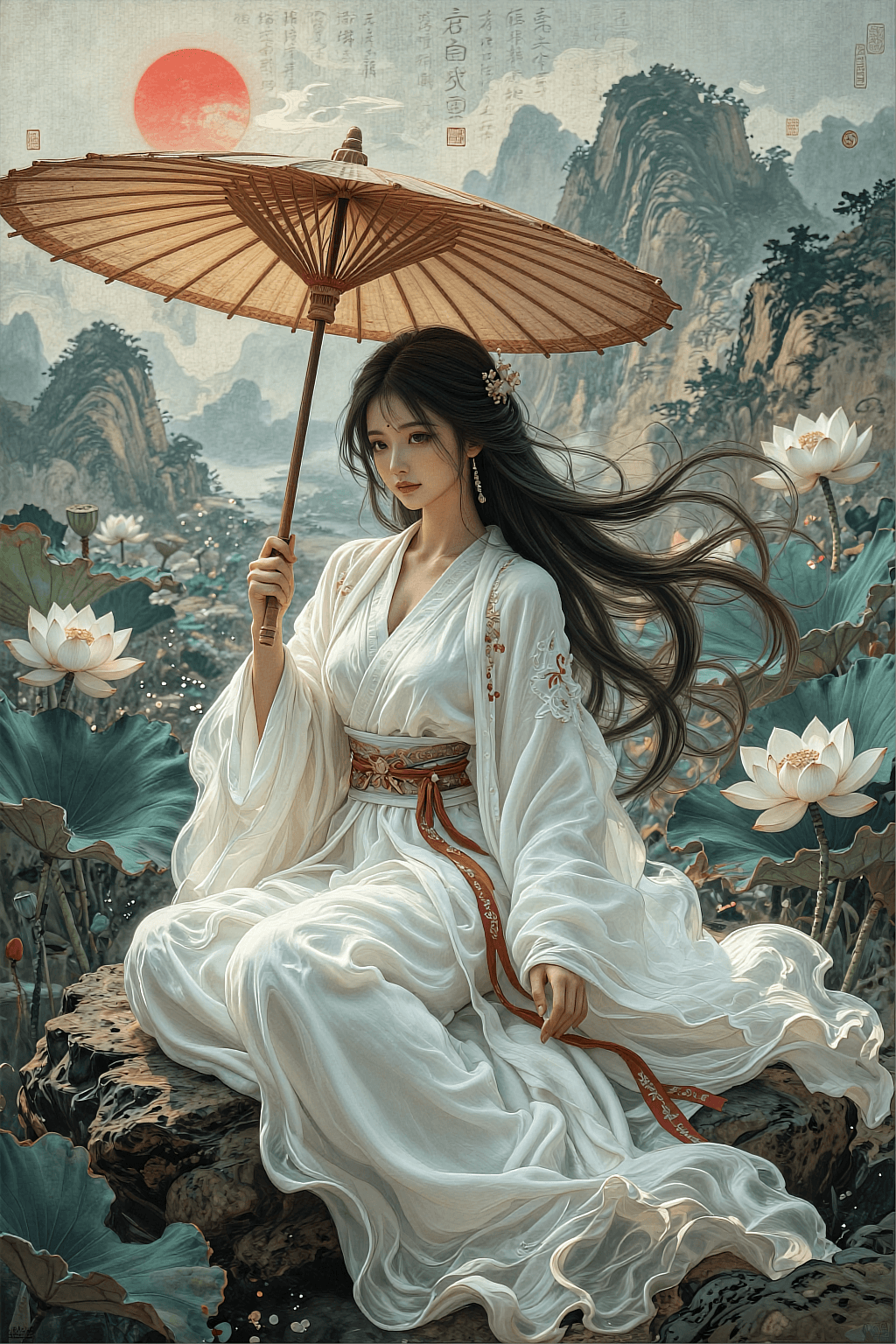 AI generated: The image is a vertical, high-quality illustration of a young woman in flowing white Hanfu, seated a...