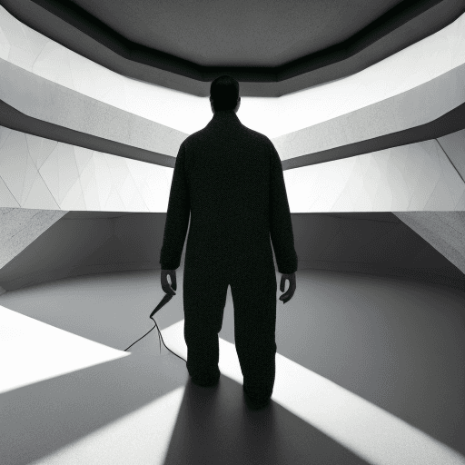 AI generated: illustration, man in a dramatic of light and shadow inside a contemporary architectural structure, s...