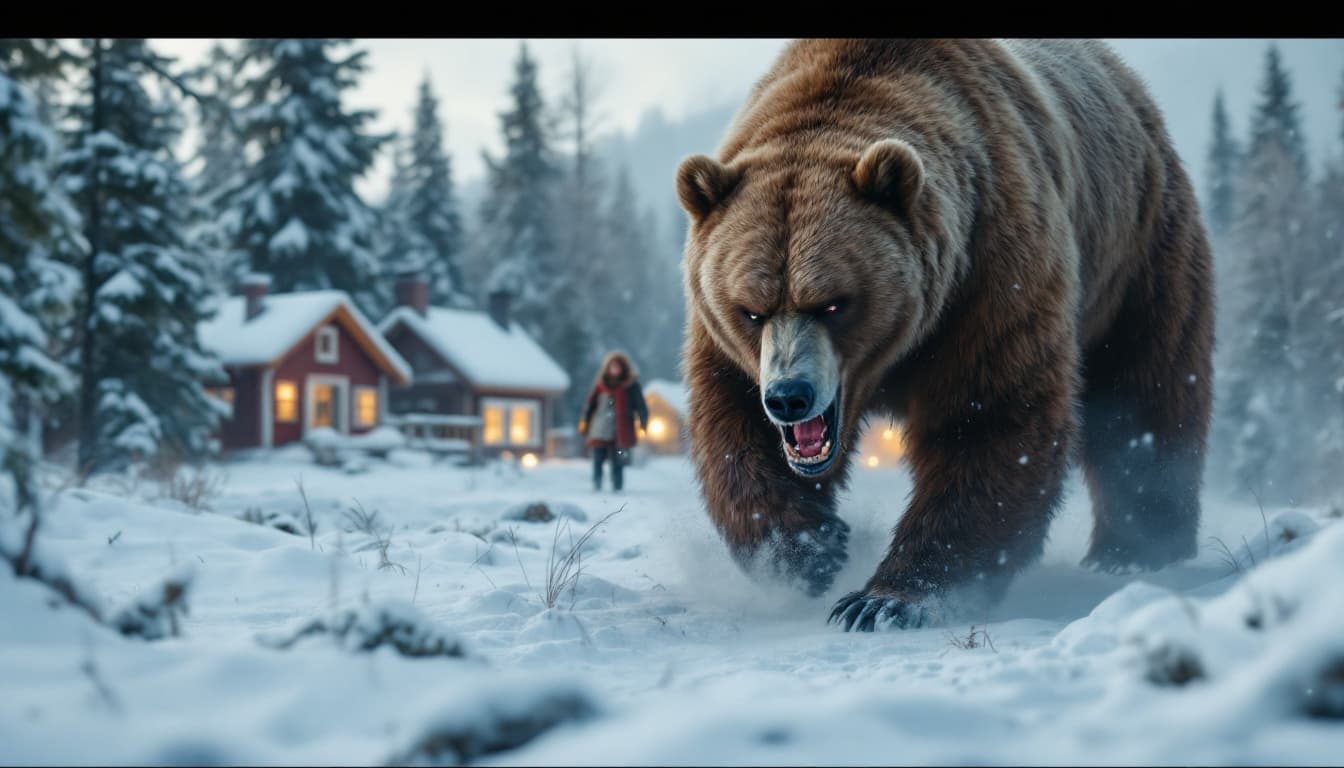 AI generated: A large, enraged red bear arrives at a Nordic village in the snow. Its fury can be unstoppable. The ...