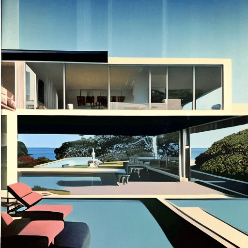AI generated: Hyper realistic eye level exterior photo of a mid century modern style house overlooking the ocean, ...