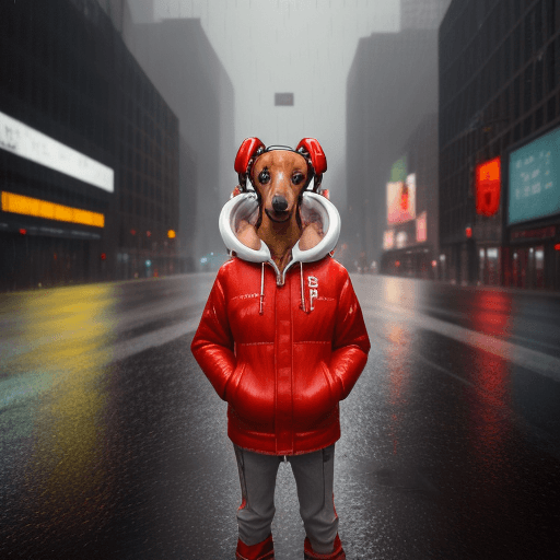AI generated: dachshund dog, white, eyes brown, wearing large Marshall headphones, a red down jacket, standing on ...